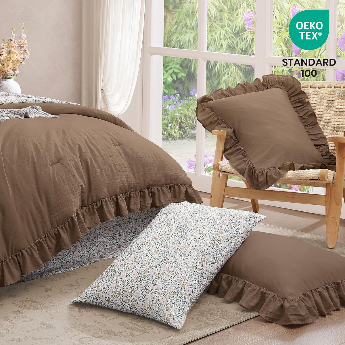 bloomhaven queen comforter set-7 pieces ruffle bedding with showing dimensions
