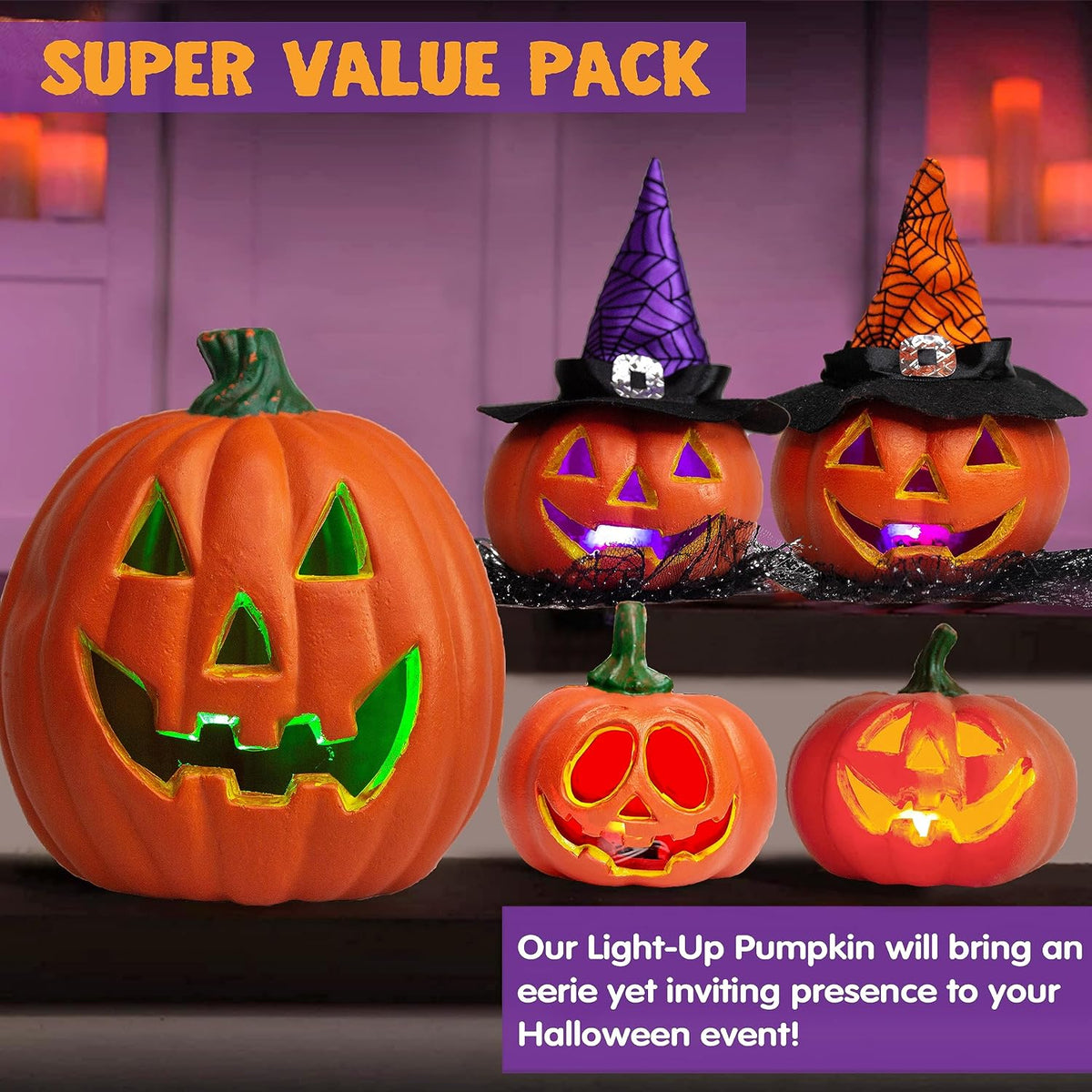 JOYIN 5 Pcs Light Up Halloween Pumpkin Decor Jack O Lantern Decorations Outdoor Indoor, Halloween Props Plastic Pumpkins Large Trick Or Treat Table Top Home Room Party Yards Supplies Favors