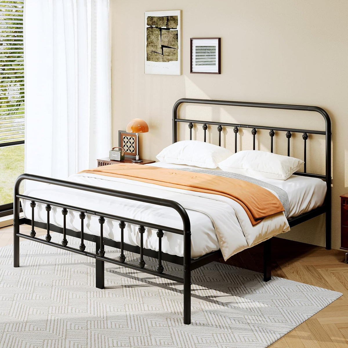 zunatu full size metal bed frame, victorian style showing dimensions