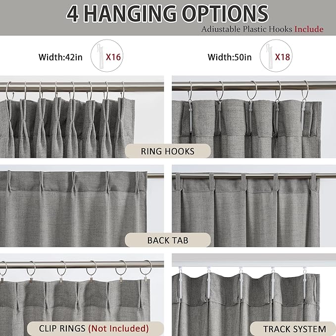 RAIN CITY Grey Linen Pinch Pleated Semi Sheer Curtains 100 Inches Long - Image 3