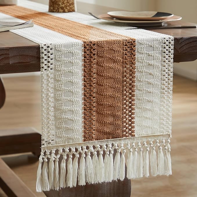 ZeeMart Macrame Style Bicolor Stitching Table Runner, 14 x 48 Inch Caramel/Ivory - Image 7