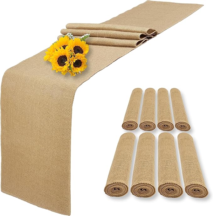 8 Pack Natural Burlap Table Runners, 12 x 108 Inch Rustic Jute Table Runner and by Wlirantim