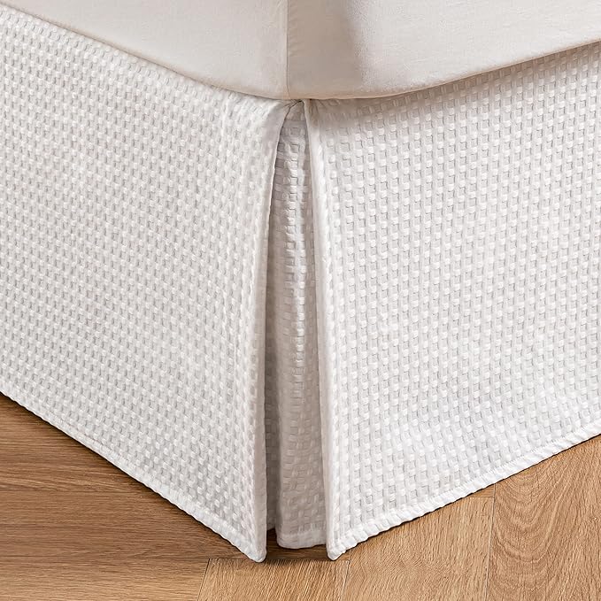 MIYE Pleated Waffle Weave Bed Skirt, Tailored Dust Ruffle 14 Inch Drop Easy Fit by MIYE