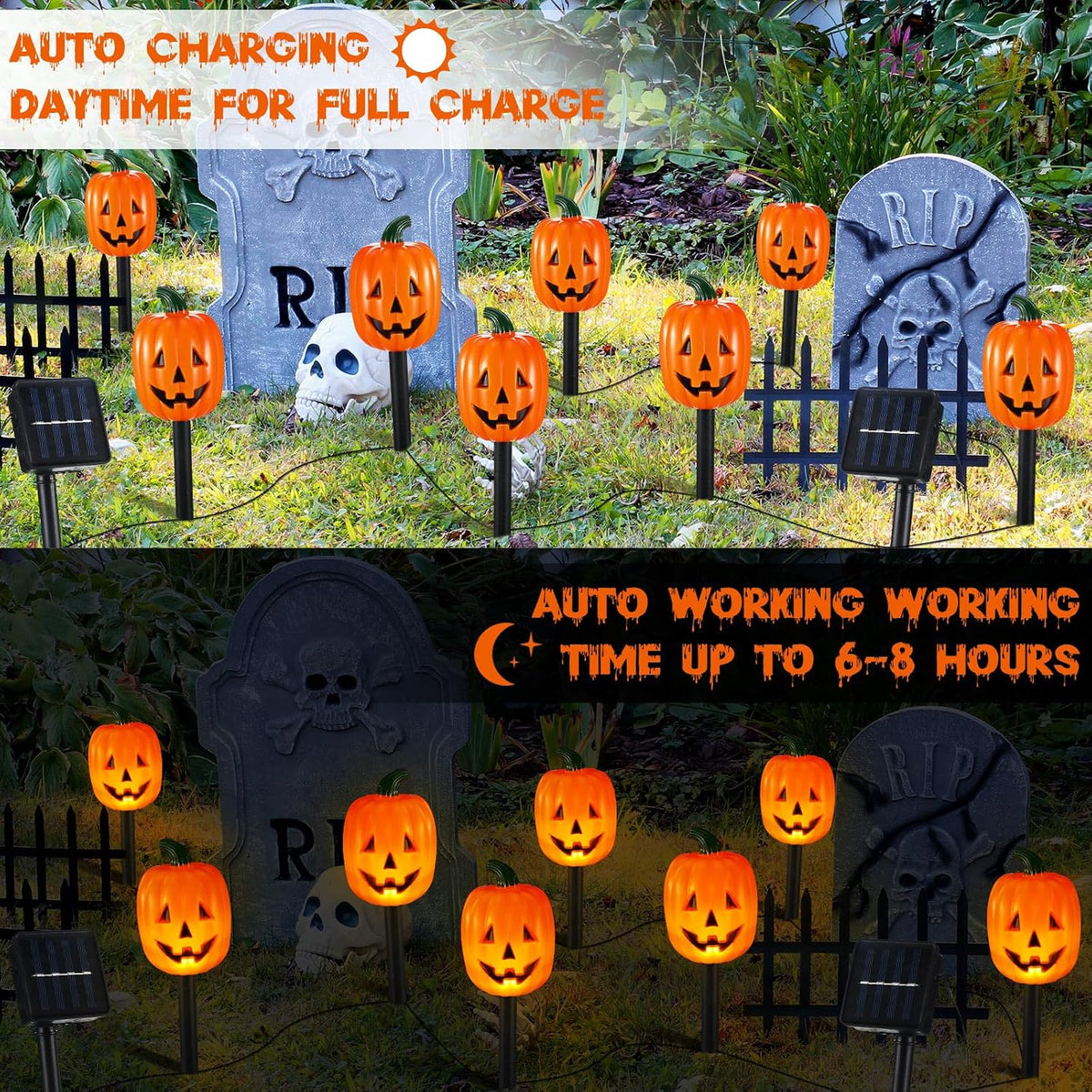 Retisee Halloween Pumpkin Pathway Markers Lights Solar Powered Pathway String Lights Light up Jack O Lantern Pumpkin Garden Stakes for Yard Lawn Tree Patio Walkway Driveway Party Decor (10 Pcs)