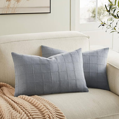 ZeeMart Linen Checked Lumbar Throw Pillow Covers Set of 2, 12x20 Inch Blue by ZEEMARTONLINE