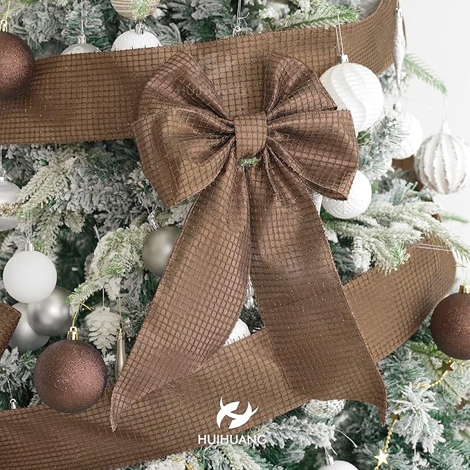HUIHUANG 4" Brown Glitter Christmas Ribbon Wired Bronze Square Mesh Wire Ribbon - Image 3