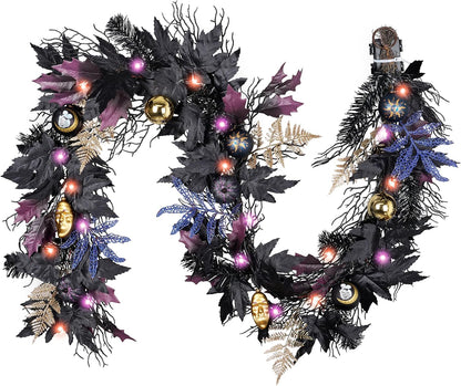 DecorbyHannah 6ft Halloween Garland for Mantle with Lights Black Leaf Decor