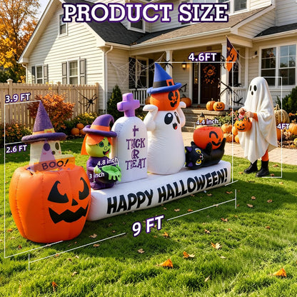 9 FT Long Halloween Animated Ghost Pumpkin Witch Tombstone Cat Inflatables