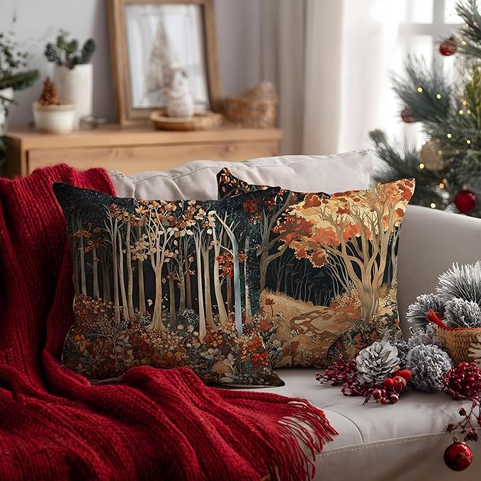 Rustic William Morris Inspired Autumn Forest Decor Throw Pillow Covers 18x18 - Image 3