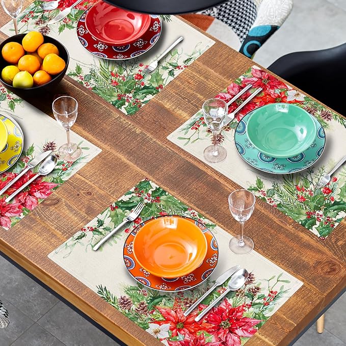 Giwawa Poinsettia Placemats Set of 4, 12x18 Inch Watercolor Christmas Red - Image 8
