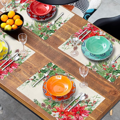 Giwawa Poinsettia Placemats Set of 4, 12x18 Inch Watercolor Christmas Red - Image 8