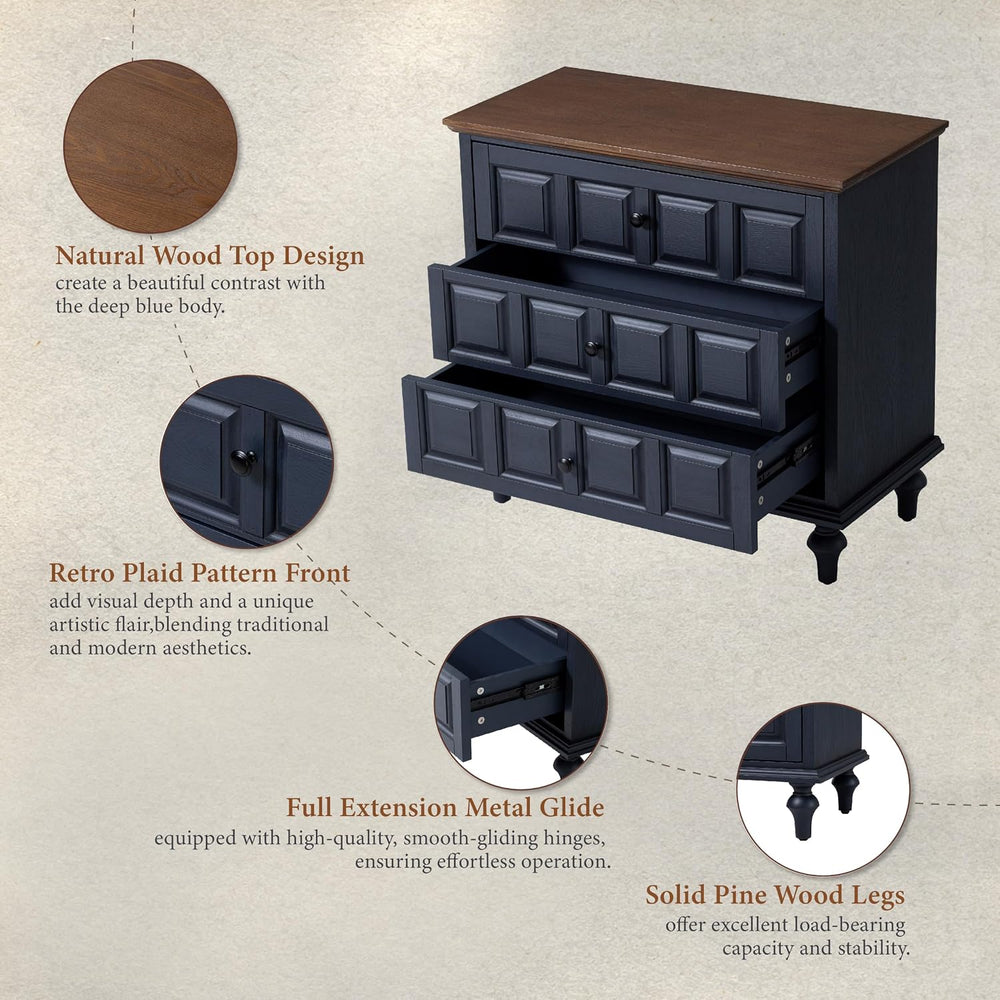 Aoikax Retro 3 Drawer Dresser X 2P, Natural Wood, Dark Blue