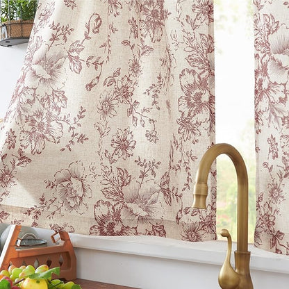 jinchan Floral Linen Tier Curtains Floral Brick Red on Beige Christmas - Image 5