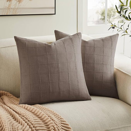 ZeeMart Linen Checked Throw Pillow Covers Set of 2, 22x22 Inch Cocoa Brown/Cream by ZEEMARTONLINE