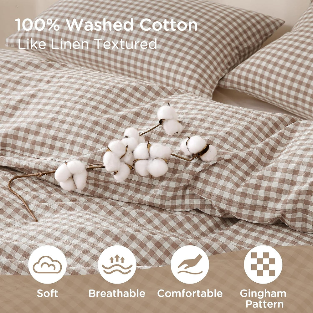 TOCOMOA Tan Gingham Duvet Cover Bedding Set Washed Cotton Like Linen, King