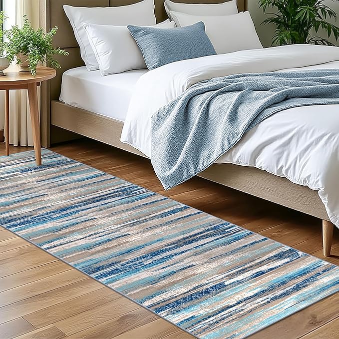 Modern Abstract Bedroom Runner Rug 2x7, Non-Slip Soft Thin Faux Wool Mat by lansny