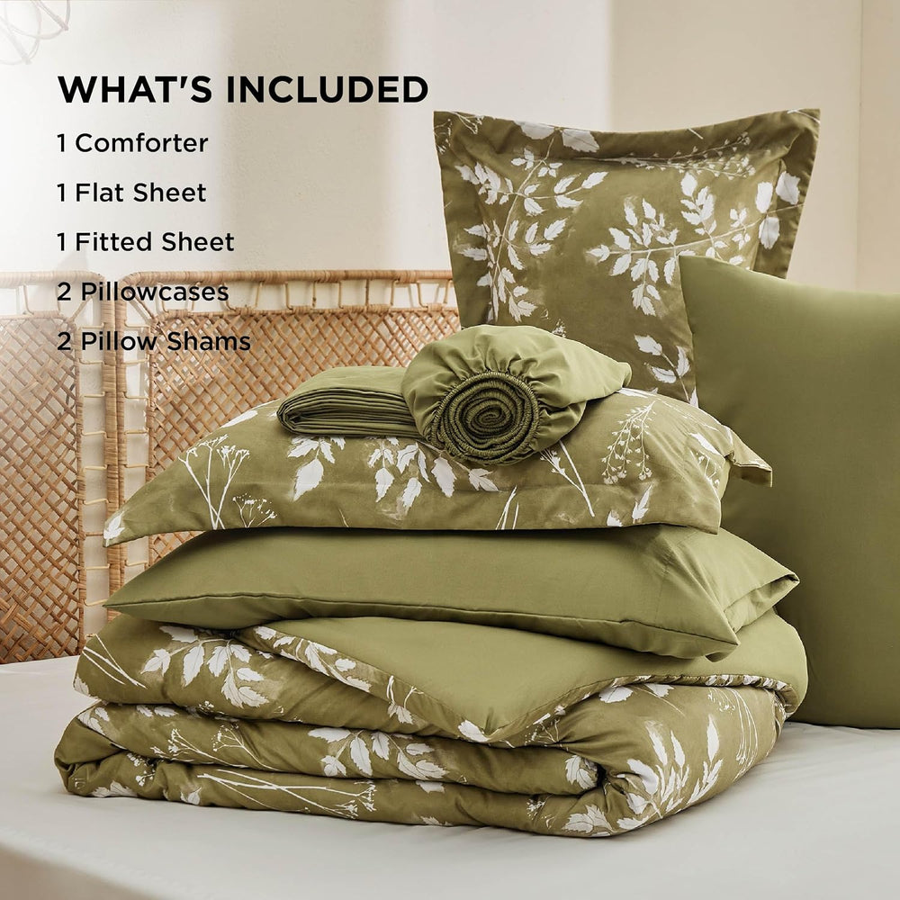 Bedsure Floral Olive Green Comforter Set, Full Bedding Sets, 7 Piece