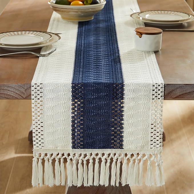 ZeeMart Macrame Style Bicolor Stitching Table Runner, 14 x 36 Inch Navy - Image 3