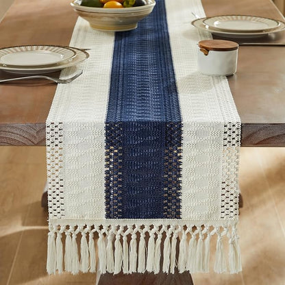 ZeeMart Macrame Style Bicolor Stitching Table Runner, 14 x 36 Inch Navy - Image 3