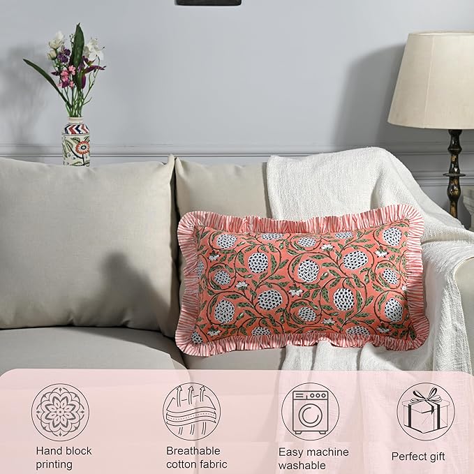 Ridhi Dark Salmon Pink 100% Cotton Block Print Ruffle Lumbar Sham Cover - Image 4