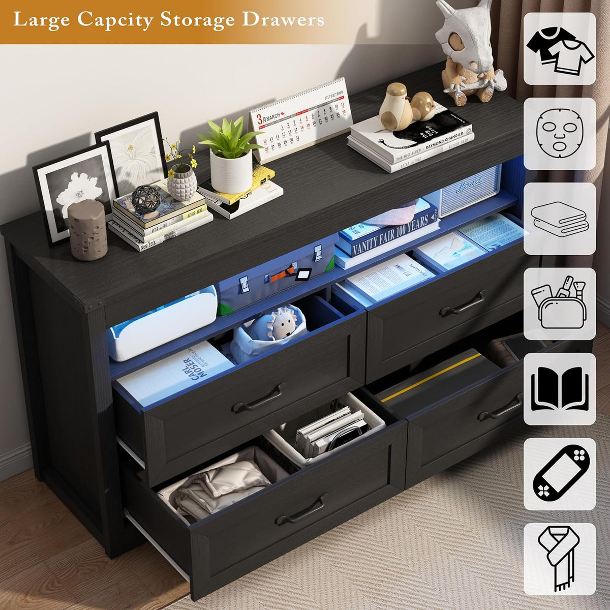 wodeer black dresser for bedroom, wood 4 drawer, side view