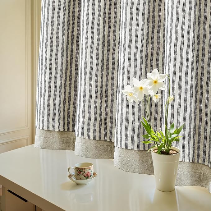 jinchan Double Layer Striped Linen Kitchen Tier Curtain Rustic Cafe - Image 6