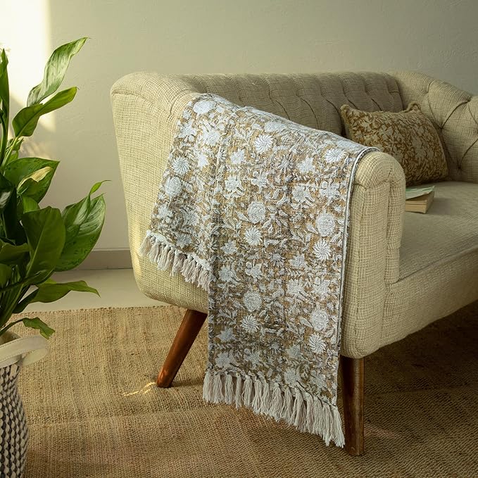 100% Pure Cotton Handblock Printed Throw Blanket, Soft 50" x 60" Fringed Floral - Image 3