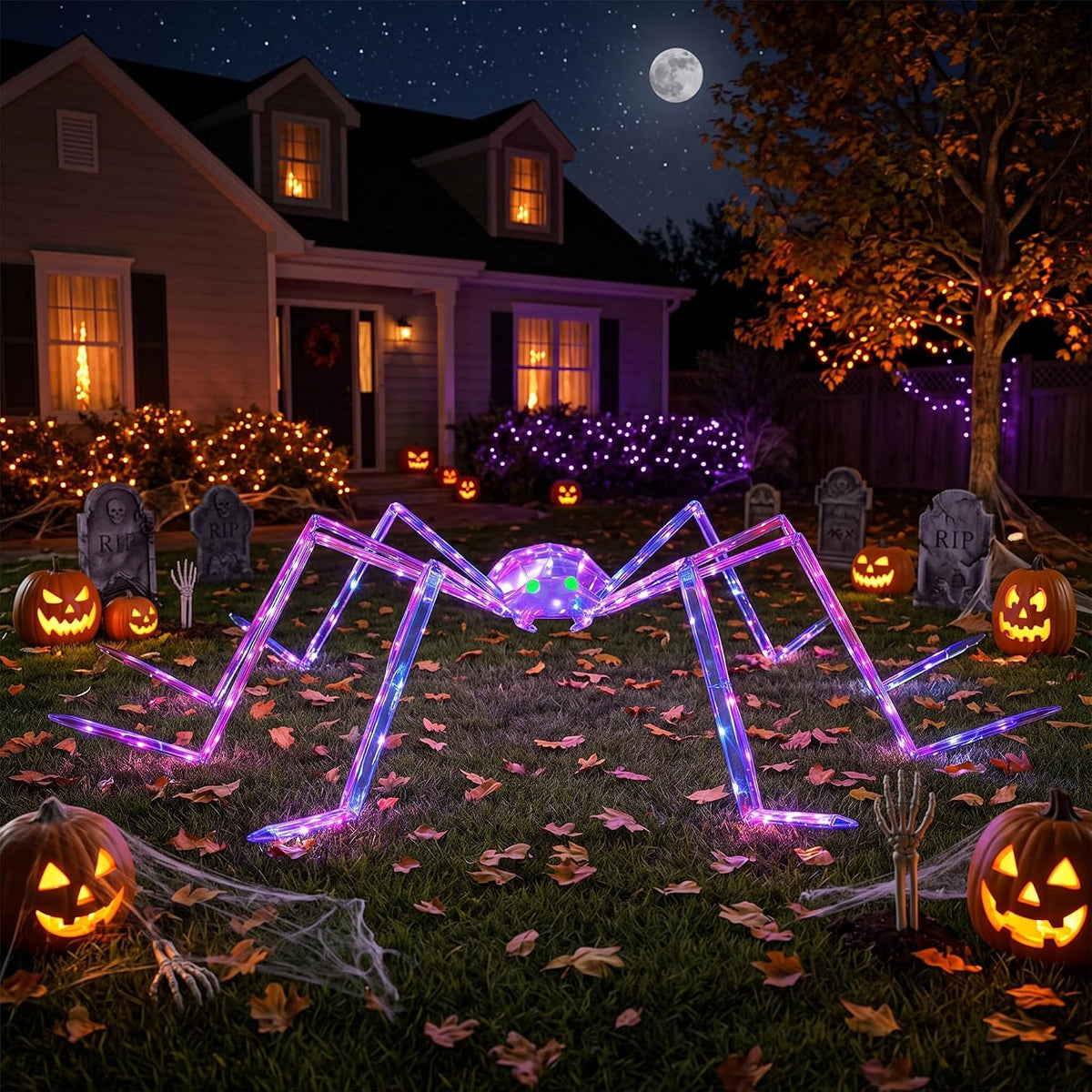 7FT Giant Halloween Spider Decorations Outdoor – Prismatic Iridescent Light-Up Spider with 170 LED Lights & Green Glowing Eyes, Easy Assembly, for Yard, Lawn, Porch, Garden, Haunted House, Party