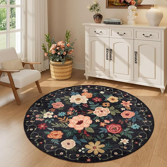 DUKINO Floral Round Rug, 4ft Washable Round Area Rug, Non Slip Indoor Low Pile by DUKINO