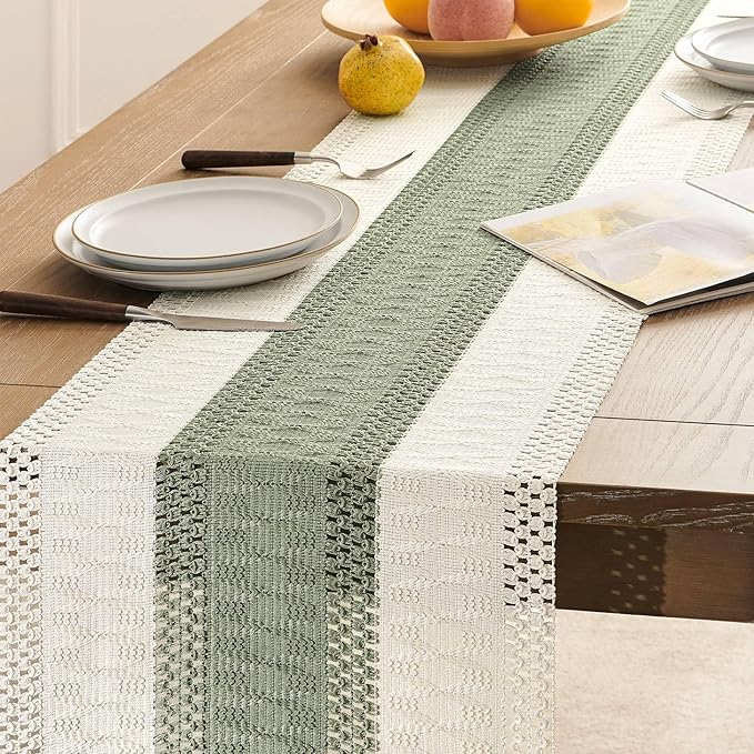 ZeeMart Macrame Style Bicolor Stitching Table Runner, 14 x 48 Inch Green/Ivory - Image 5