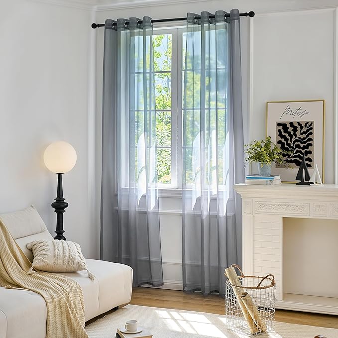 Foil Stripe Grey Sheer Curtains 104 inches Length 2 Panels by MISSTIAM