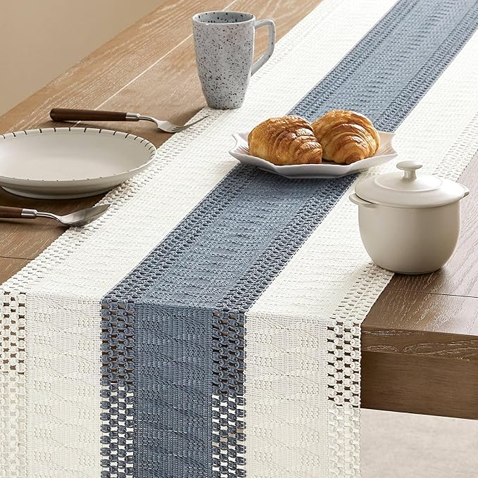 ZeeMart Macrame Style Bicolor Stitching Table Runner, 14 x 90 Inch Navy/Ivory - Image 4