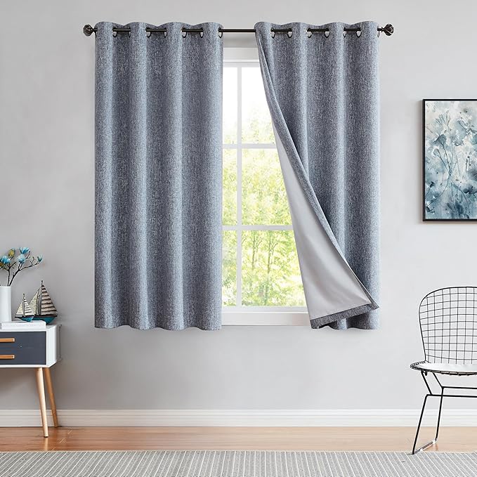 Indigo Solid Full Blackout Curtain Heavy Linen Texture Window Treatment - Image 2