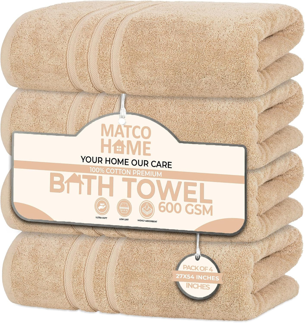 4 Pieces Large Bath Towels Set, 27x54 Inches, Beige