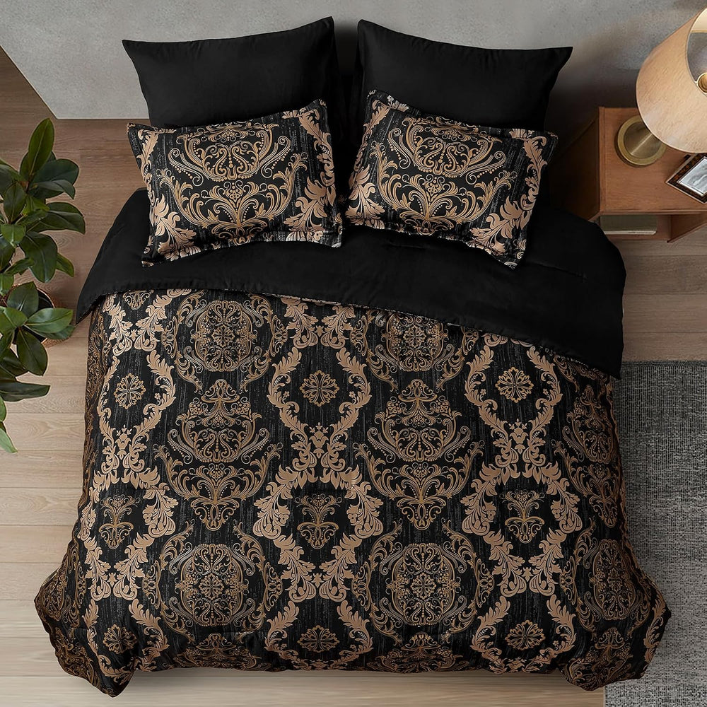 WONGS BEDDING Black Comforter Set King Size, Gold Damask Texture 7 Pieces Bed...