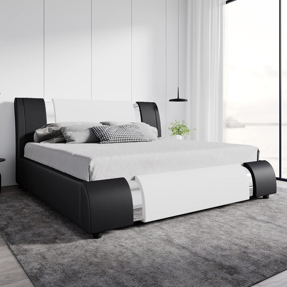 SHA CERLIN King Bed Frame with Iron Pieces, Faux Leather, Black & White
