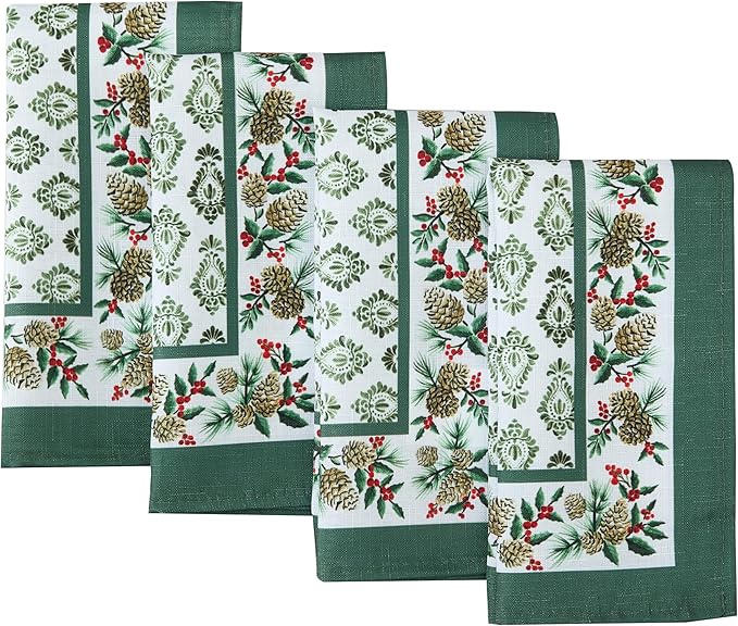Newbridge Christmas Holly Pinecone Border Set of 4 Fabric Napkins, Holiday by HomeBargainsPlus