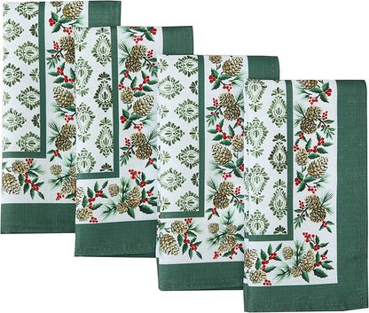 Newbridge Christmas Holly Pinecone Border Set of 4 Fabric Napkins, Holiday by HomeBargainsPlus