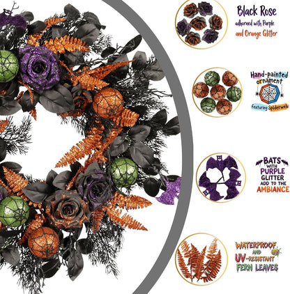 22 Inch Halloween Wreath for Front Door, Spooky Black & Purple Glitter Rose Wreath with Bats & Ornaments, Outdoor Halloween Decorations
