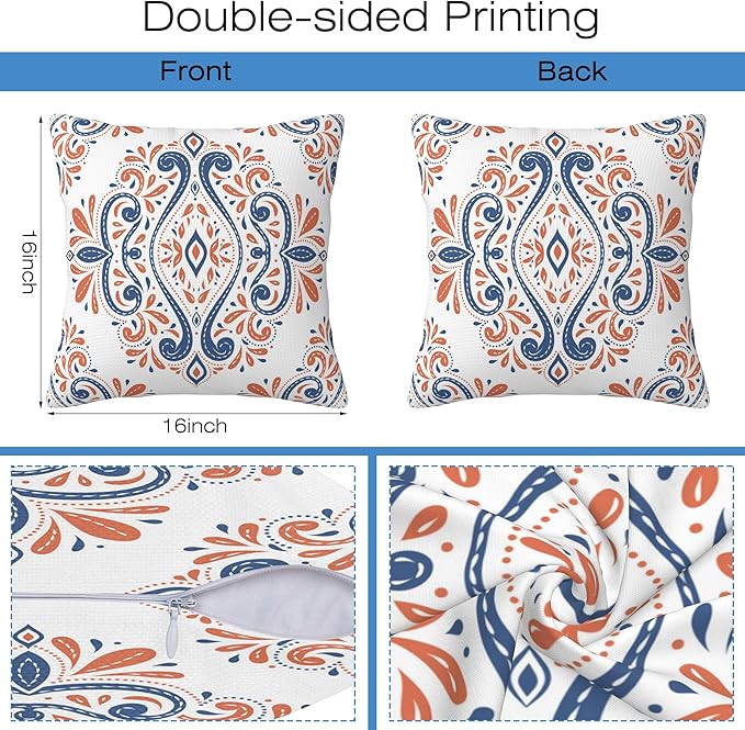 Throw Pillow Covers Blue and Orange Floral Pillow Covers 16x16 Inch Set of 2 - Image 2