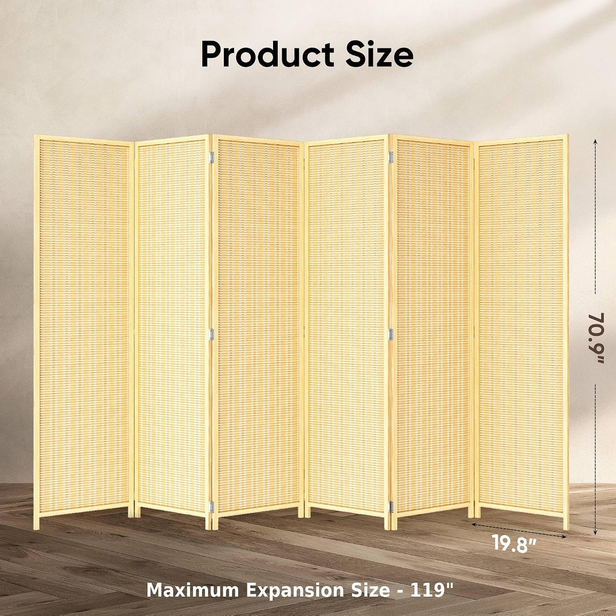 jostyle bamboo room divider, 6-panel folding privacy screen shown in use