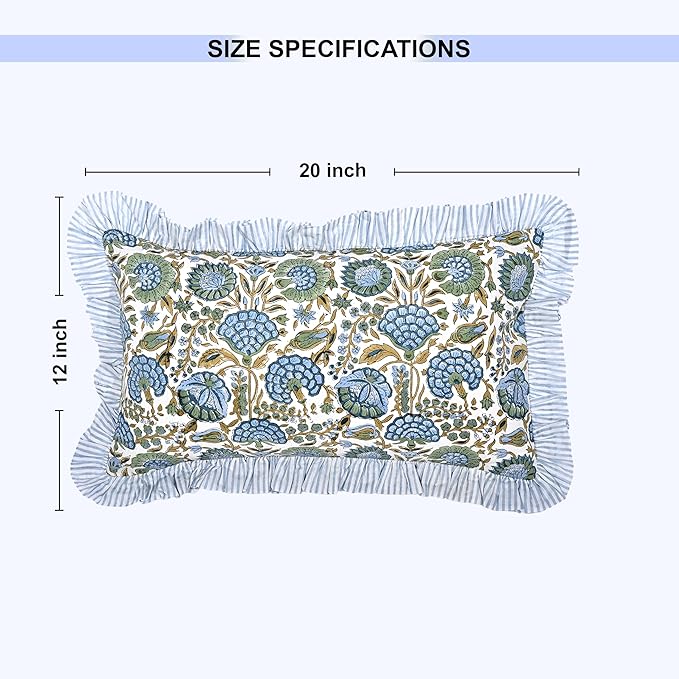 Ridhi Asparagus Green 100% Cotton Block Print Ruffle Lumbar Sham Cover Handmade - Image 7