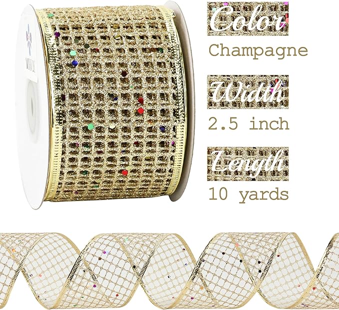 MEEDEE Champagne Gold Glitter Christmas Ribbon 2.5 Inch Square Mesh Net Wired - Image 2