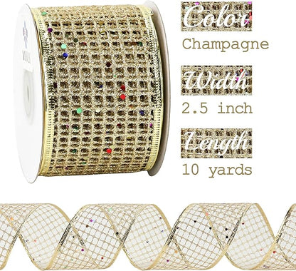 MEEDEE Champagne Gold Glitter Christmas Ribbon 2.5 Inch Square Mesh Net Wired - Image 2