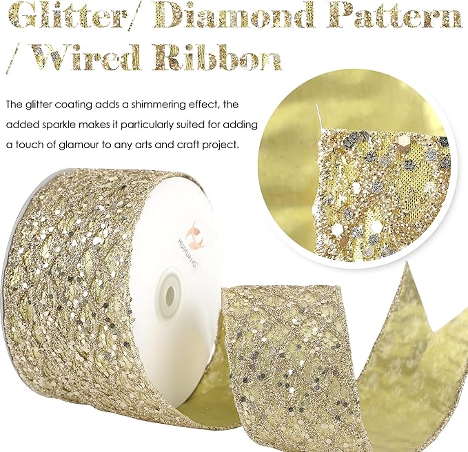 HUIHUANG Champagne Glitter Wired Ribbon - Image 2