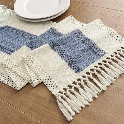 ZeeMart Macrame Style Bicolor Stitching Table Runner, 14 x 48 Inch Blue/Ivory - Image 7