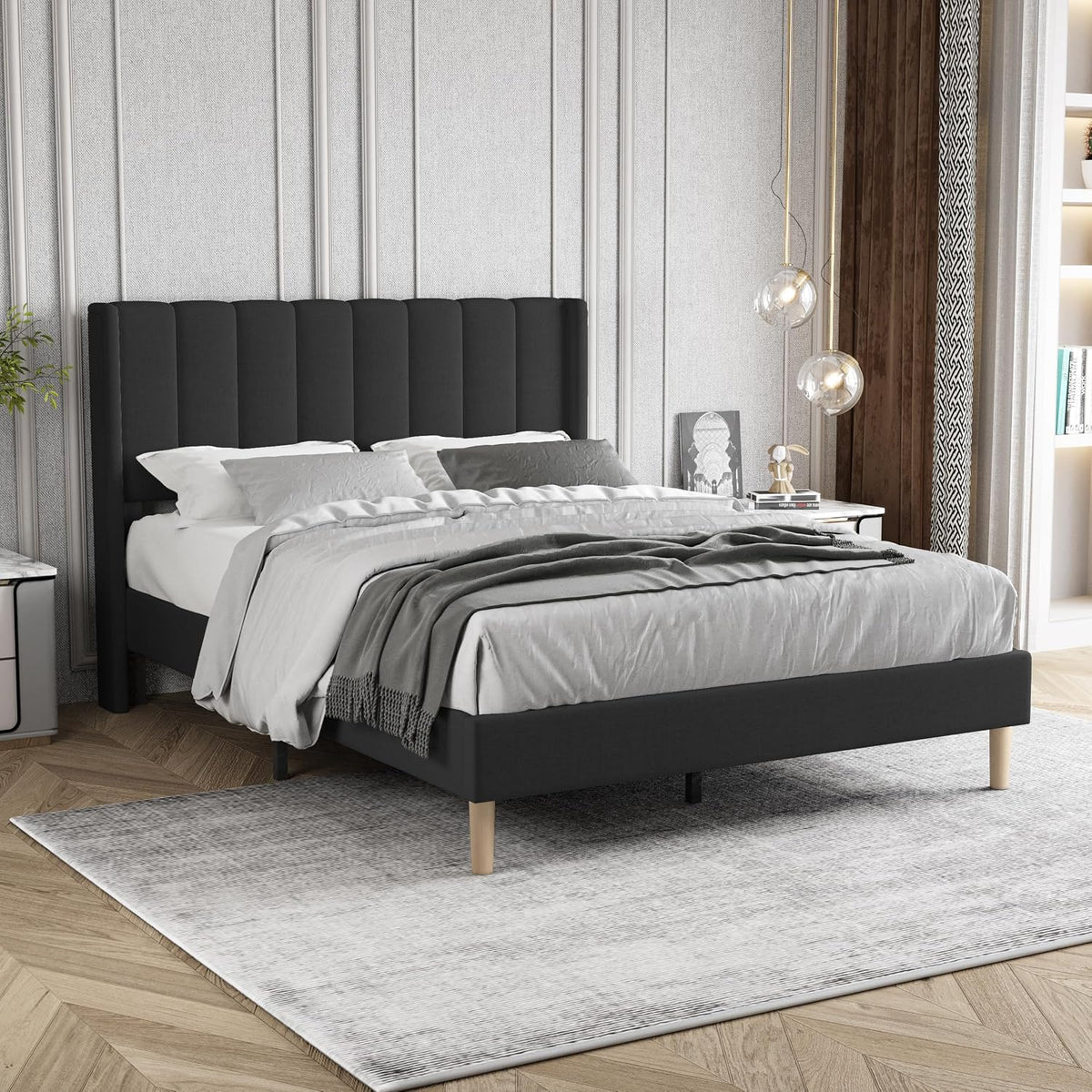 full size bed frame with linen upholstered headboard, main product view