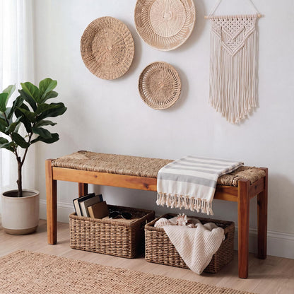 vintage entryway bench, 46 inch acacia wood with, view 10