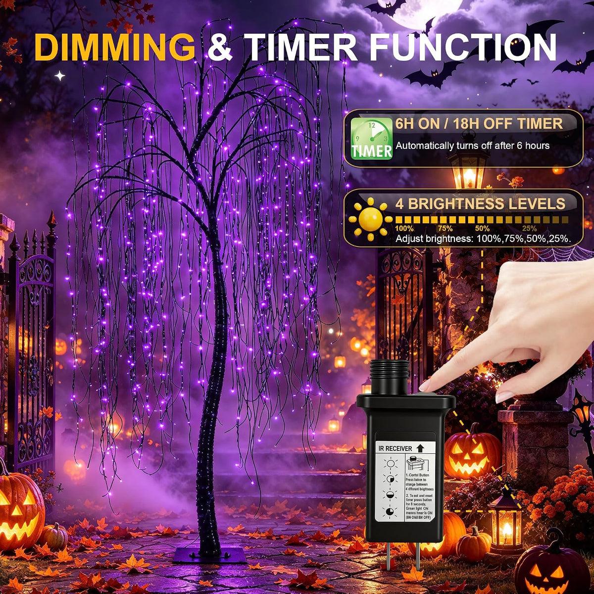 LIGHTSHARE 7 Feet Halloween Willow Tree with Spiders, 256 LED Lights for Home, Festival,Nativity, Party, and Christmas Decoration,Indoor Outdoor Use, Purple