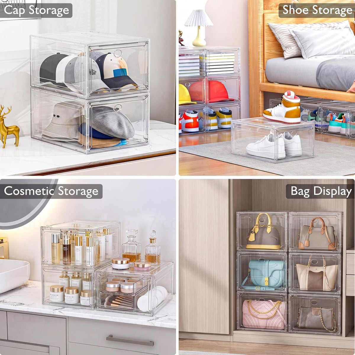 sturdy clear shoe organizer with magnetic door, stackable showing dimensions